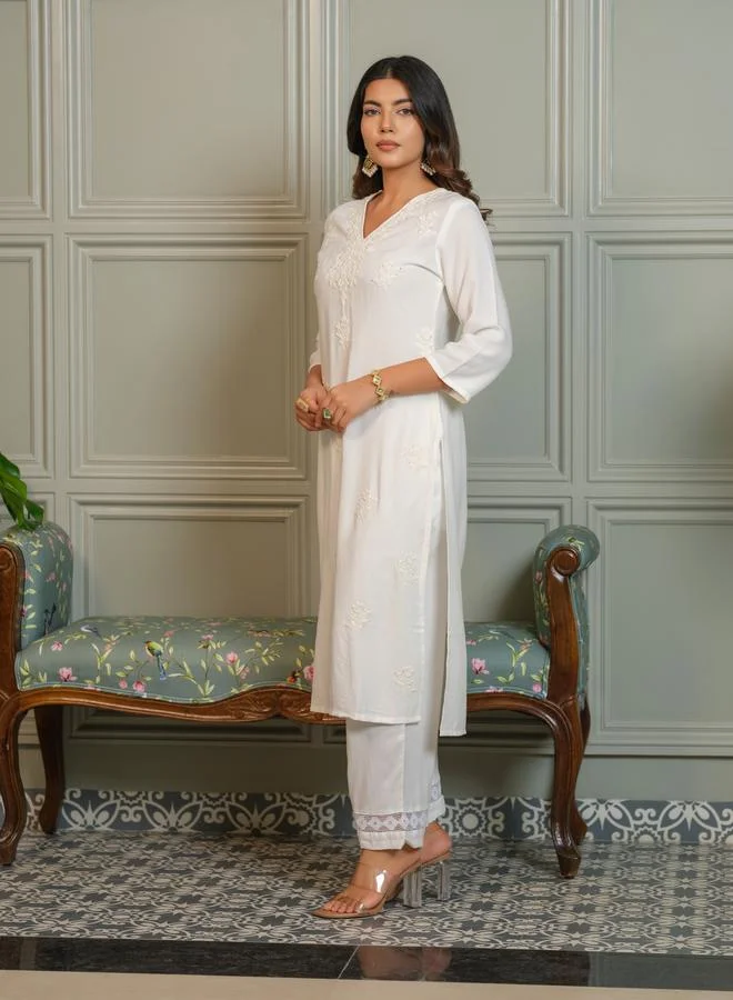Dw  Women Embroidered Straight Kurta and Trousers Co-Ords for Women | Best Price UAE